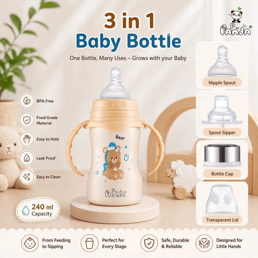 3 in 1 Baby Steel Feeding Bottle | Sipper Cup with Handle | Multi-Use Baby Bottle