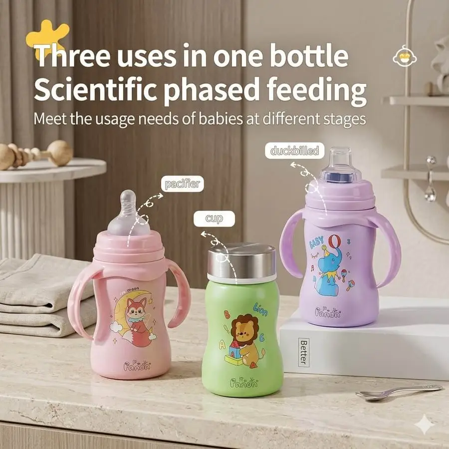 3 in 1 Baby Steel Feeding Bottle | Sipper Cup with Handle | Multi-Use Baby Bottle