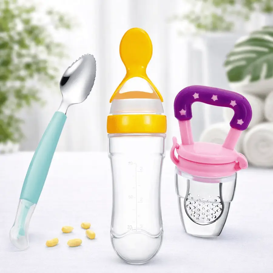 3-in-1 Baby Feeding Combo Set for Kids (Pack of 3) – Silicone Spoon, Feeding Spoon Bottle & Fruit Feeder