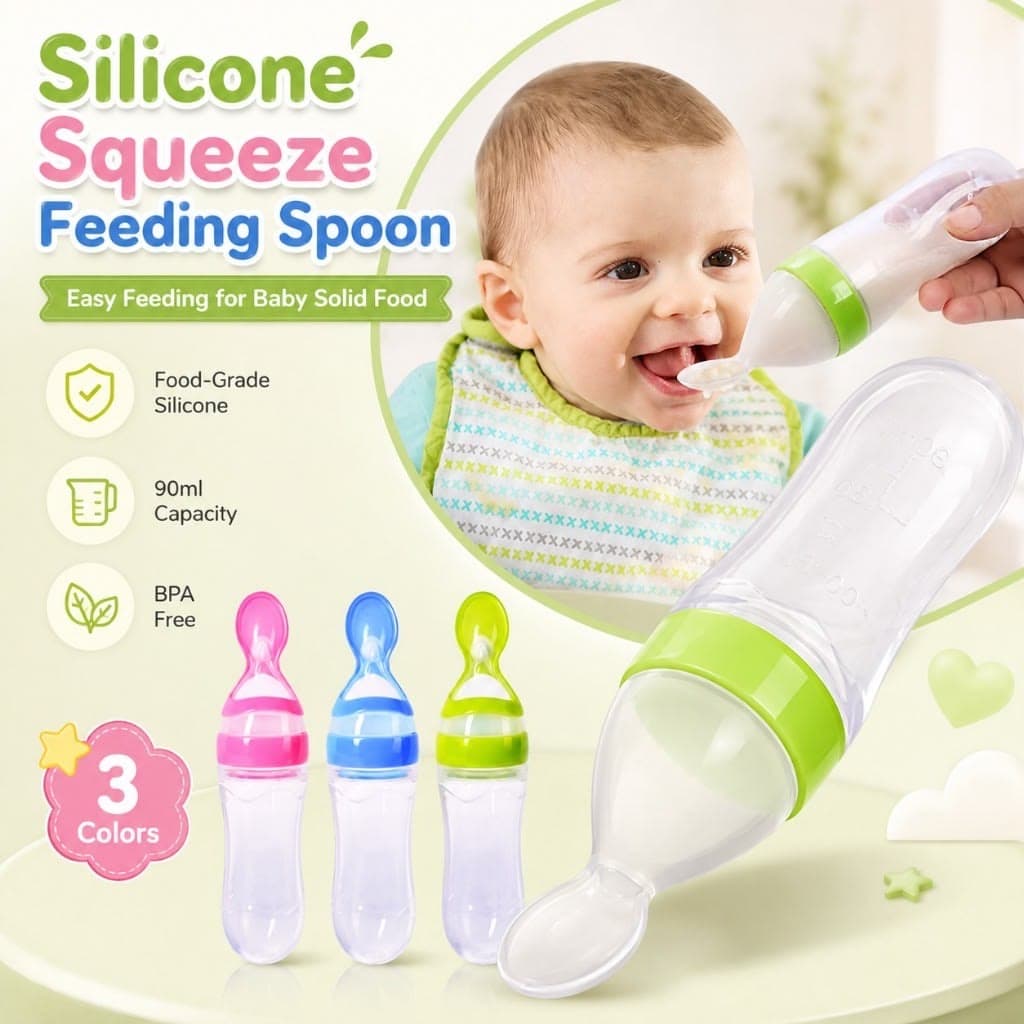 Multicolor Baby Silicone Feeding Spoon Bottle | Infant Food Feeder | Squeeze Feeding Bottle (Pack Of 1)